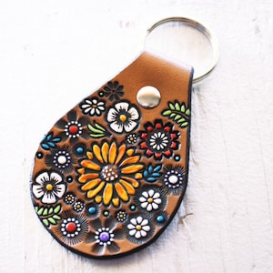 Sunflower and Wildflowers Leather key ring - hand painted and hand stamped - boho floral key fob - keychain gift