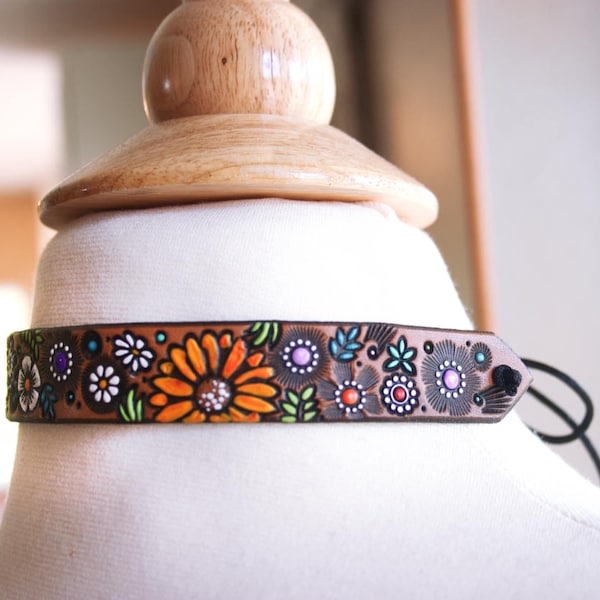 Handmade Leather Choker: Painted Wildflowers, Adjustable Vintage Style
