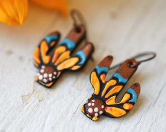 Mini Sunflower Cactus Leather Earrings - Petite Saguaro  - made to order by Mesa Dreams