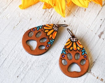 Sunflowers and Paw Prints Leather Earrings - Petite puppy and kitten paw prints flowers - made to order by Mesa Dreams