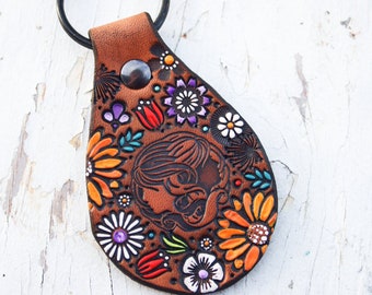 Hand Painted Leather Keyring: Art Nouveau Sunflower, Gemini Gift