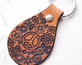 Leather Keychain - Peace Sign and Wildflowers key ring - Unpainted Version - Made to Order - key fob - Hippie Rustic gift