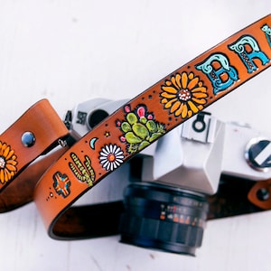 Custom Leather Camera Strap - Desert Flower - Cacti Zia Skulls Sunflowers Sun Moon - Personalized - Cactus Straps Made to Order Mesa Dreams