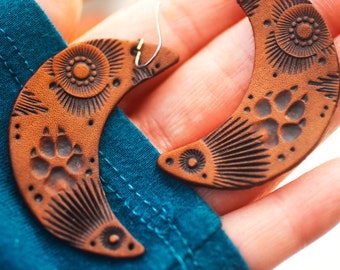 Wolf Paw Print Leather Crescent Earrings: Southwestern Boho Jewelry