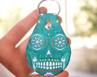 Sugar Skull Keychain - Turquoise Leather Version - painted and hand stamped - Día de los Muertos - Day of the Dead - Mexicali - Mesa Dreams