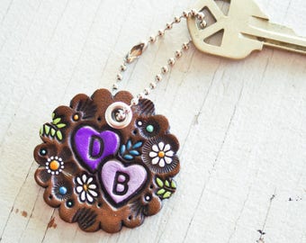 Custom leather key fob - Couples keychain - Anniversary gift - daisies and wildflowers hand painted keychain or bag tag - Mesa Dreams