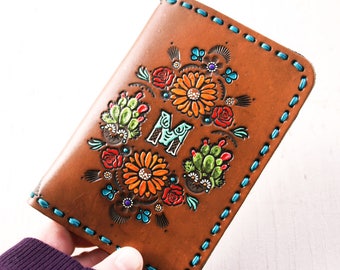 Leather Passport Cover - Red Roses, Sunflowers and Prickly Pear Cactus Design - Custom Southwestern Desert Cacti Wallet - Made to Order