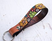 Leather Key Ring - Cactus, Sunflowers, Daisies, Prickly Pear, Saguaro - Southwestern Desert - Succulent Loop fob - Made to Order Keychain