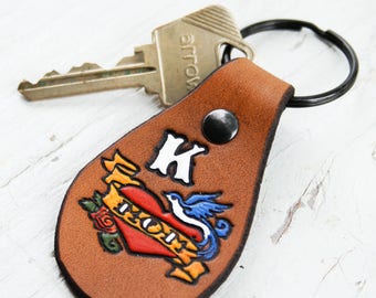 Custom initial leather key ring - Sailor Jerry style MOM heart and swallow blue bird - hand painted - Your Choice of Initial and hardware