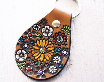 Sunflower and Wildflowers Leather key ring - hand painted and hand stamped - boho floral key fob - keychain gift