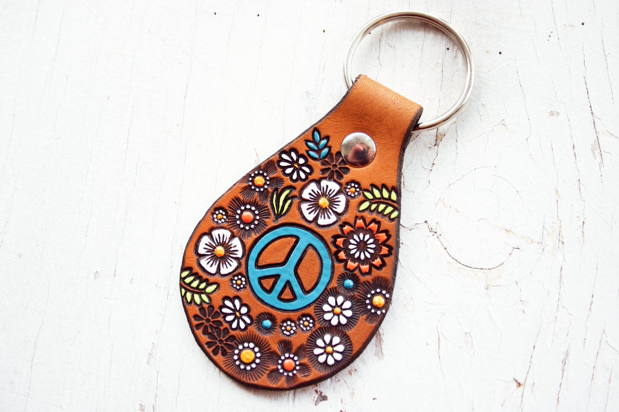 Floral Peace Sign Leather Keychain: Hand-painted Key Fob - Etsy