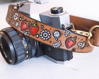 Custom Leather Camera Strap: Strawberries and Wildflowers, Personalized Floral