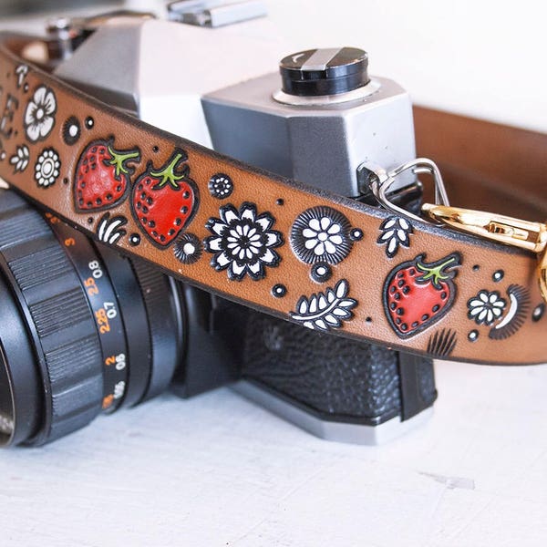 Custom Leather Camera Strap: Strawberries and Wildflowers, Personalized Floral