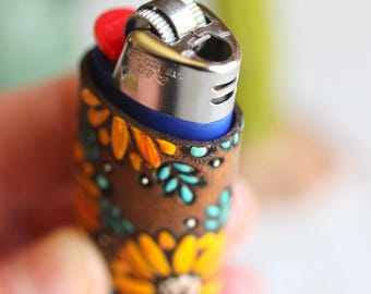 Handmade Leather Lighter Case – Sunflower Painted Bic Lighter Cover