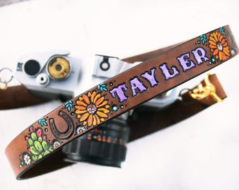 Custom Leather Camera Strap - Southwestern Equestrian - Cacti Horse Saddle Sunflowers - Personalized - Cactus, Horseshoe and Daisies