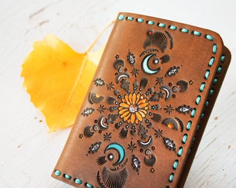 Leather Passport Cover - Sunflower Moon - Southwestern Inspired Passport Wallet - Turquoise Crescent Moon - Made to Order - Travel Gift