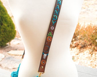 Custom Leather Purse Strap - Desert Flower - Cacti Zia Skulls Sunflowers Sun Moon - Personalized - Cactus Straps Made to Order Mesa Dreams