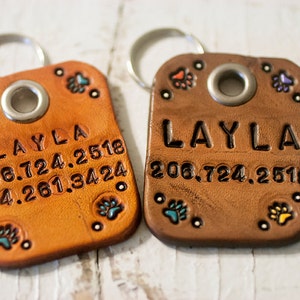 Custom Leather Dog Tag - Perfect for Large Dogs -Personalized name & phone number - hand cut, stamped and painted