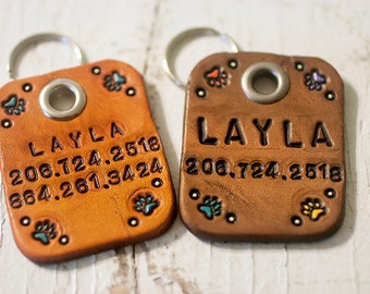 Custom Leather Dog Tag - Perfect for Large Dogs -Personalized name & phone number - hand cut, stamped and painted