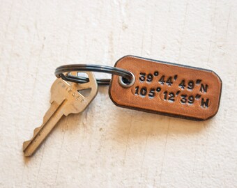 Custom Longitude and Latitude leather tag key fob - Secret Places - Tiny Keychain - Mesa Dreams - Leather Anniversary Gift - Commemorate