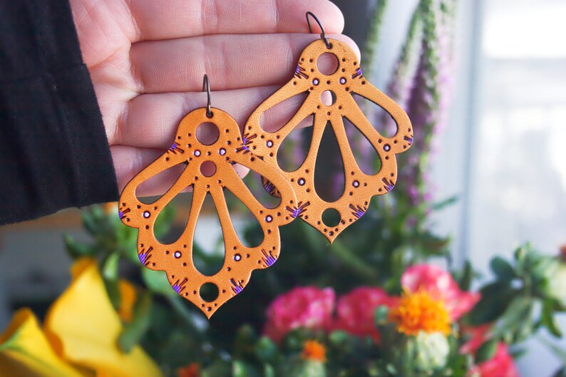 Lacy Art Nouveau Leather Earrings: Purple Accents, Niobium Ear Wires image 4