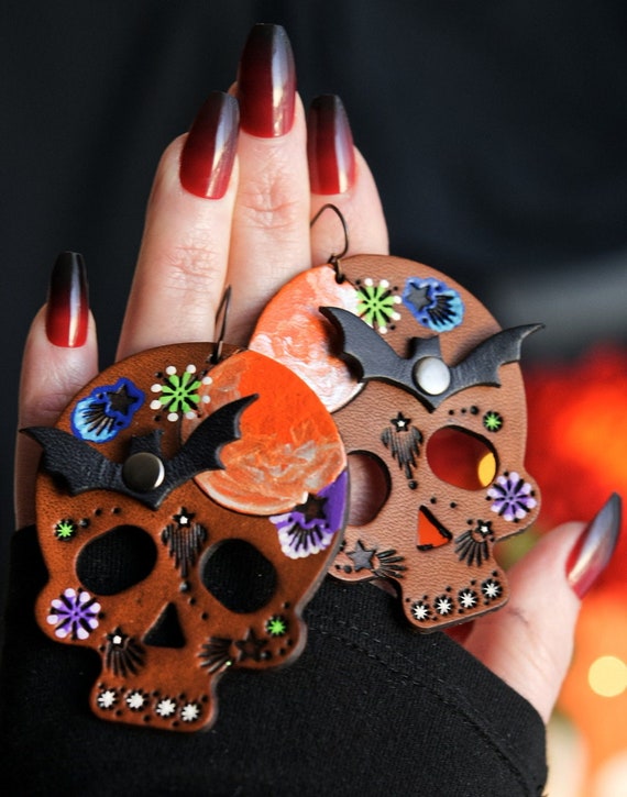 Halloween Skull Leather Earrings - Bats and Full Moon - Spooky - Made to Order