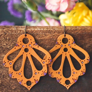 Lacy Art Nouveau Leather Earrings: Purple Accents, Niobium Ear Wires image 2