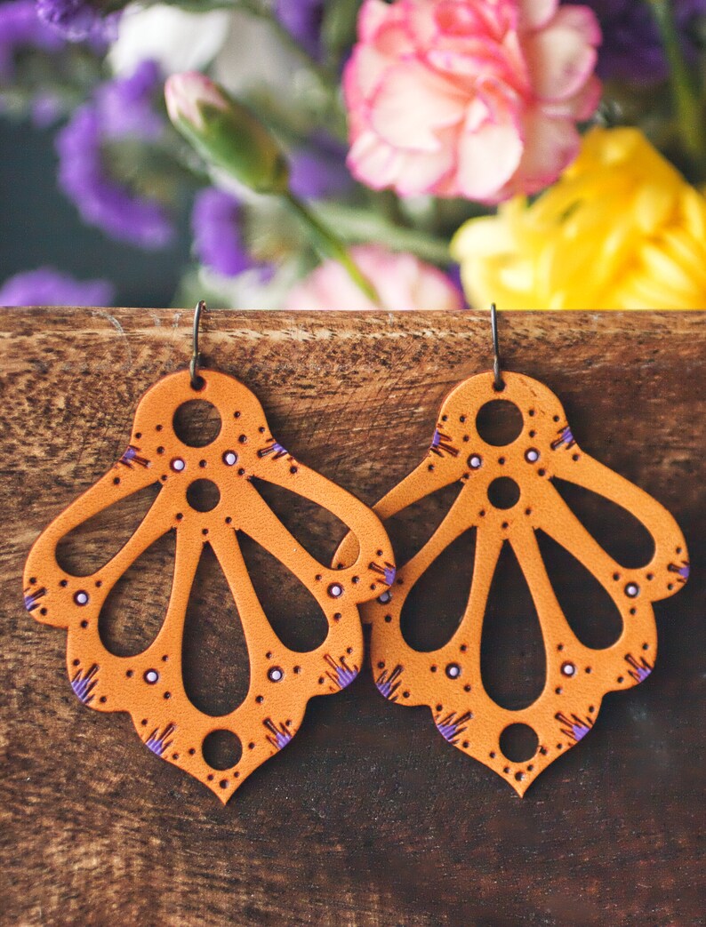 Lacy Art Nouveau Leather Earrings: Purple Accents, Niobium Ear Wires image 2