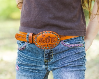 Kids Custom Leather Belt Buckle - Unisex hand tooled customized - OVAL Childs Buckle - choice of stain color initials- Belt sold separately