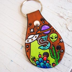 Custom initial leather key fob - UFO, Alien, Planets, Cactus and Saguaros keychain - hand painted Sci-fi X-Files Area 51 Succulent tag