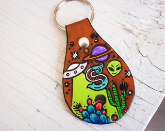 Custom initial leather key fob - UFO, Alien, Planets, Cactus and Saguaros keychain - hand painted Sci-fi X-Files Area 51 Succulent tag