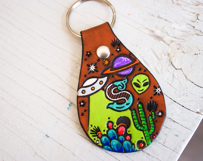 Custom Initial Leather Key Fob: Hand-Painted Alien UFO Cactus Tag