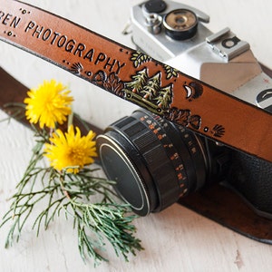 Leather Camera Strap Woodland Theme Personalized Hand painted Made to Order by Mesa Dreams Mountains, pine trees, hiking, acorns image 2