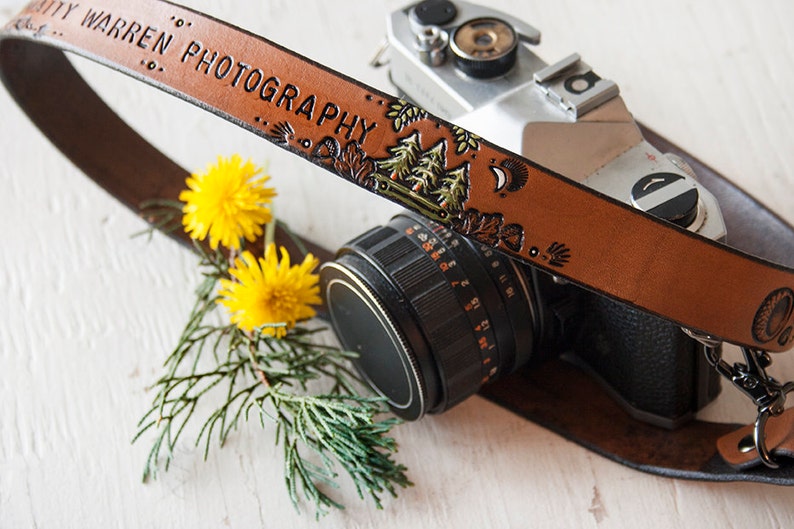 Leather Camera Strap Woodland Theme Personalized Hand painted Made to Order by Mesa Dreams Mountains, pine trees, hiking, acorns image 2