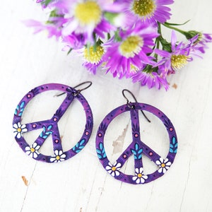 Purple Peace Sign Leather Earrings Hippie Daisy Flower Power Tooled leather by Mesa Dreams image 2