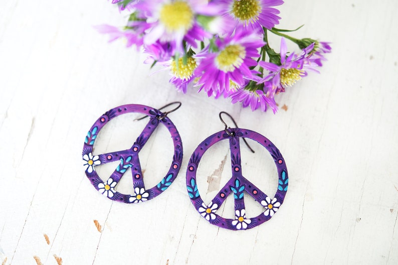 Purple Peace Sign Leather Earrings Hippie Daisy Flower Power Tooled leather by Mesa Dreams image 2