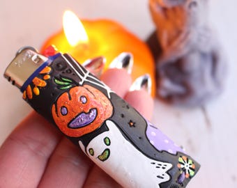 Handmade Halloween Leather Lighter Case - Ghosts, Pumpkins, Spiderwebs