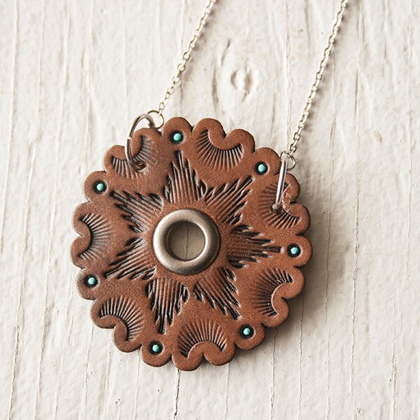SALE - Southwestern Mandala Wheel Leather Necklace - Handmade Leather Pendant - Mesa Dreams - Rustic jewelry - Ready to Ship