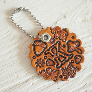 Custom initial leather key fob - Autumn Pattern Bag tag - hand painted and hand stamped - Acorn, oak leaf and mushroom