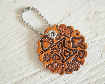 Custom initial leather key fob - Autumn Pattern Bag tag - hand painted and hand stamped - Acorn, oak leaf and mushroom