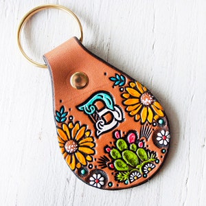 Custom initial leather key fob Cacti and Sunflowers Pattern keychain hand painted and hand stamped Cactus Succulent tag Mesa Dreams image 1