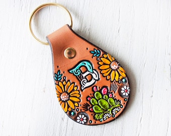 Custom initial leather key fob - Cacti and Sunflowers Pattern keychain - hand painted and hand stamped Cactus Succulent tag - Mesa Dreams