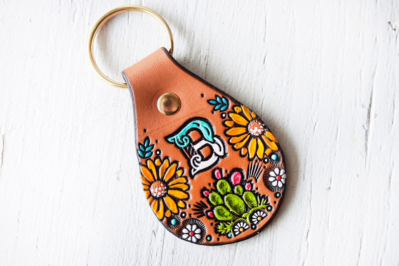 Custom initial leather key fob Cacti and Sunflowers Pattern keychain hand painted and hand stamped Cactus Succulent tag Mesa Dreams image 1