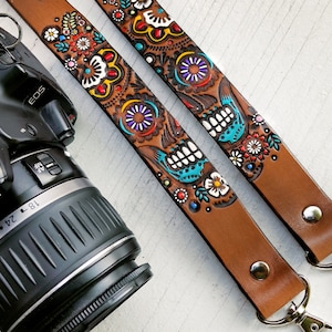 Handmade Leather Camera Strap – Sugar Skull Day of the Dead, Personalized