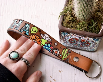 Custom Leather Camera Wrist Strap - UFO Area 51 - Aliens in the Desert - Personalized Southwestern Custom Loop strap - hand tooled leather