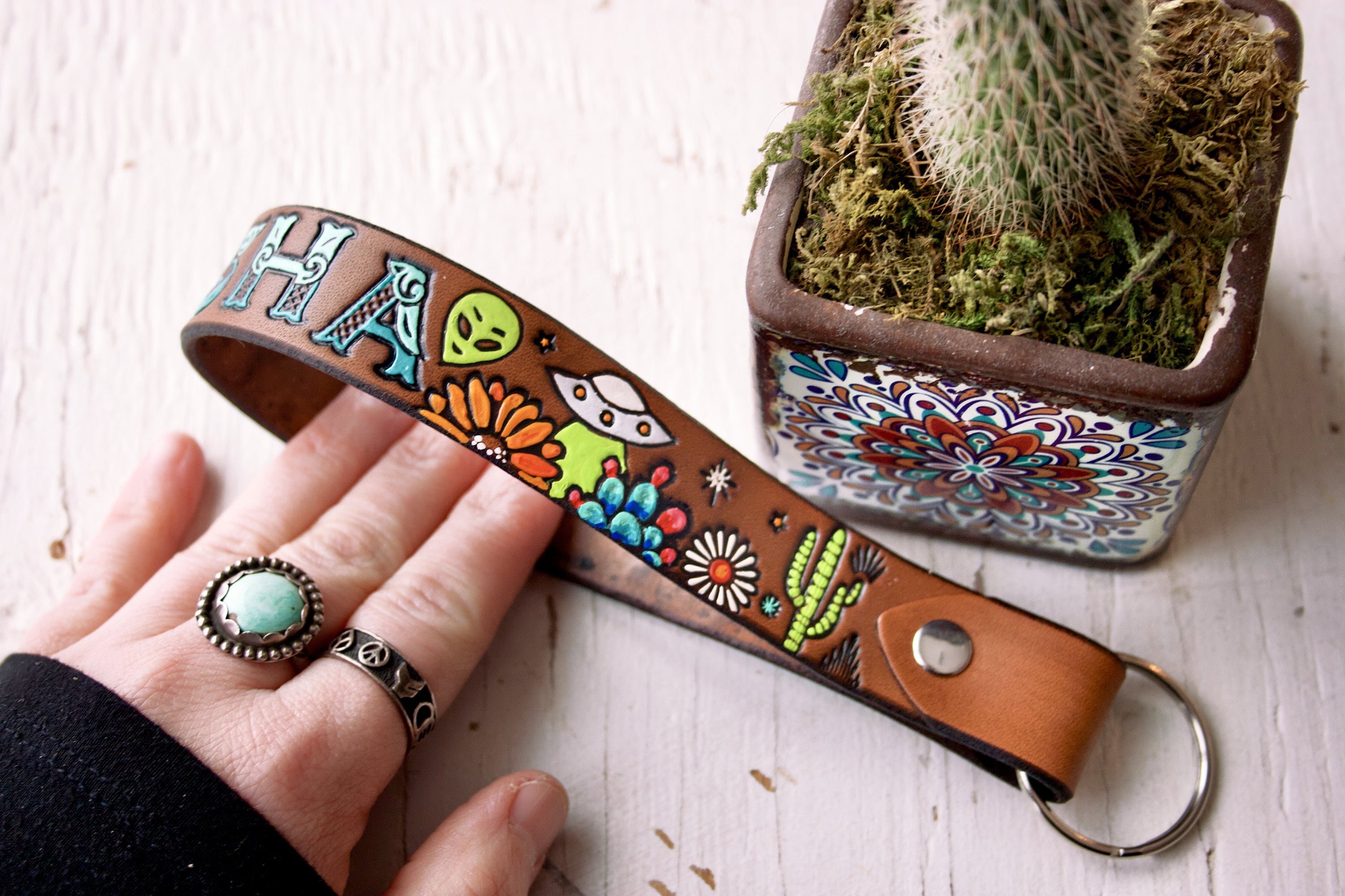 Custom Leather Camera Wrist Strap - UFO Area 51 - Aliens in the Desert - Personalized Southwestern Custom Loop strap - hand tooled leather