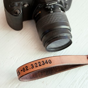 Leather Camera Wrist Strap -  Latitude and Longitude GPS Coordinates - Father’s Day -hand tooled leather - Photographer gift - Made to Order