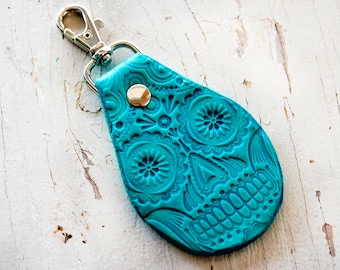 Sugar Skull Keychain - Turquoise Leather - UNPAINTED Textured Version - Día de los Muertos - Day of the Dead - Mesa Dreams - Made to Order