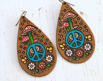 Hippie Leather Earrings - Mushroom Peace Symbol and Daisy - hand painted teardrop earrings - Mesa Dreams