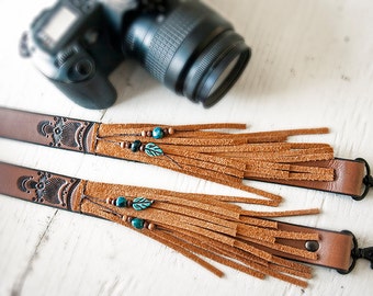 Fringe Camera Strap - Leather and Suede Bohemian Purse, Binoculars or Camera strap - Native Vintage Boho Style - Made to Order